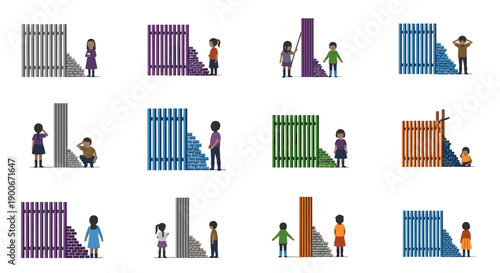 Children building with bricks to overcome fence barriers