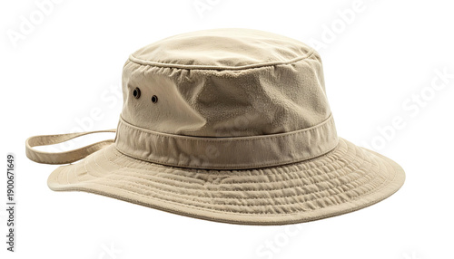 Beige wide-brimmed bucket hat with chin strap, against a black background