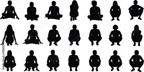 People squatting and sitting silhouette set showing men women body postures isolated on white background vector illustration collection