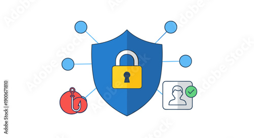 Cyber security shield with padlock protecting user from phishing threat