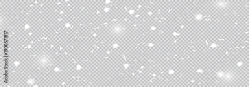 White snow flies on a transparent background. Christmas snowflakes. Panorama view snow falling 
