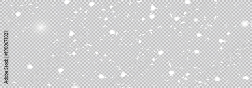 White snow flies on a transparent background. Christmas snowflakes. Winter blizzard background illustration.