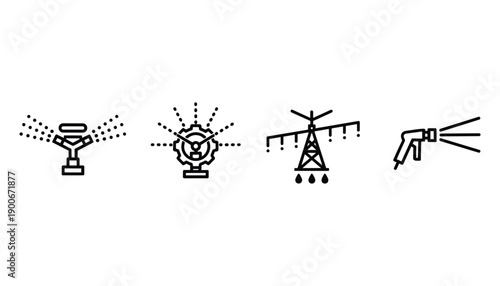 Irrigation types line icon set automatic lawn watering systems in farm field and greenhouse vector