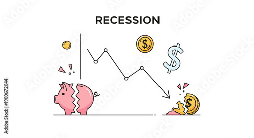 Economic recession concept with broken piggy bank and money loss