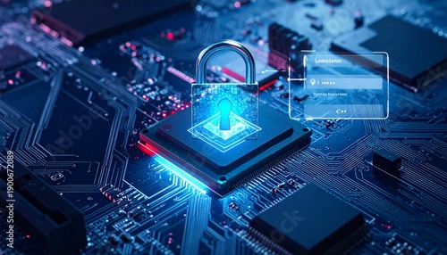 Wallpaper Mural Close-up of CPU on motherboard with glowing digital shield and keyhole icon, blue-purple tones, symbolizing cybersecurity, hardware protection, and secure data flow. Torontodigital.ca