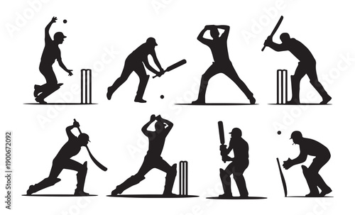 Assorted silhouettes of cricket players performing batting, bowling, fielding, and wicketkeeping moves