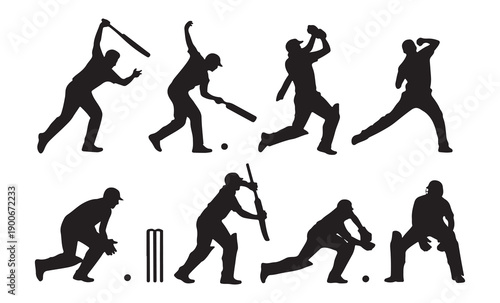 Variety of cricket player silhouettes in action, including batting, bowling, fielding, and wicketkeeping