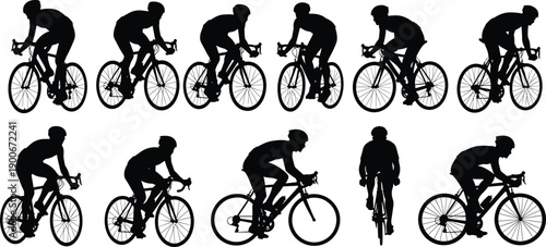Road cyclist silhouette collection showing racing positions bicycle sport motion isolated on white background vector illustration set design action sequenceRoad cyclist silhouette collection showing 