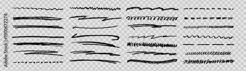 Hand created underline line strokes in chalk pencil watercolor brush and crayon style on like transparent png bg delivering doodle effect black color texture for blackboard graphic kit bundle.