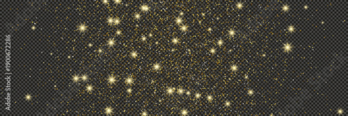 Gold glittering dust with stars on transparent backdrop
