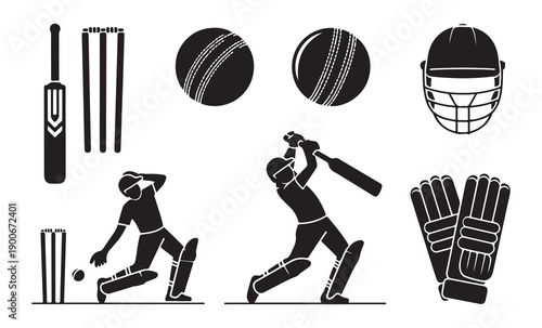 Cricket elements flat icon set bat ball wicket helmet gloves players action vector illustration