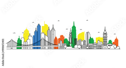 Colorful linear skyline illustration depicting a modern cityscape with iconic landmarks