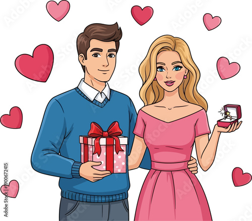 Man Proposing with Ring to Woman, Hearts Background