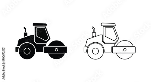 Two depictions of a road roller solid black and outlined versions