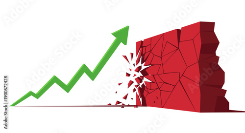 Green upward arrow breaking red wall representing growth