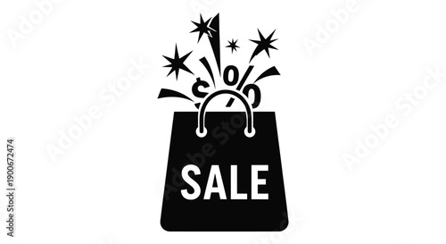 Black shopping bag with a sale announcement and celebratory starbursts