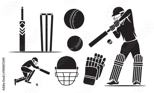Cricket game elements flat icons bat ball player wicket helmet gloves vector illustration