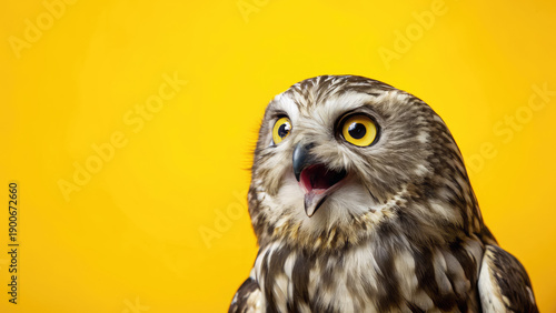 Studio portrait of surprised owl on yellow background concept. Close-up view of a curious owl against a vibrant yellow background.