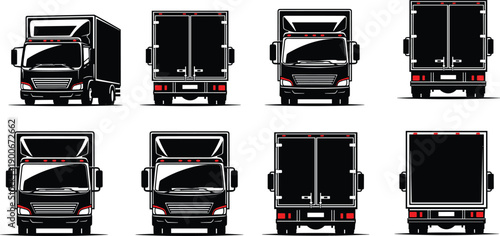 Delivery truck silhouette set showing front rear views commercial cargo transport isolated on white background logistics vector illustration collection