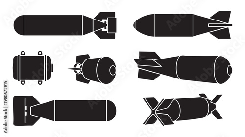 Set of black and white silhouette icons depicting various types of bombs and aerial ordnance on a white background