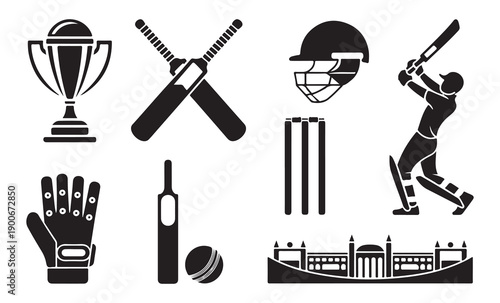Cricket trophy bat ball wicket helmet player action gloves stadium vector icons
