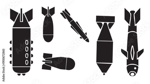 Collection of various air-dropped bombs in black and white silhouettes on a white background, military and aerial warfare