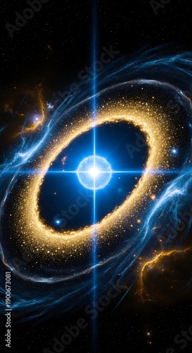 Brilliant celestial body emits powerful light beam through surrounding dusty cosmic rings