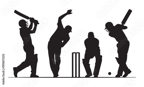 Cricket player silhouettes batsman bowler wicket keeper vector illustration isolated on white background