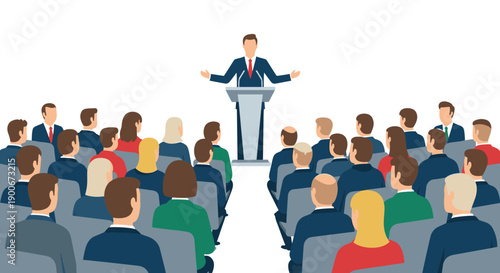 Speaker addressing diverse audience at professional conference or meeting