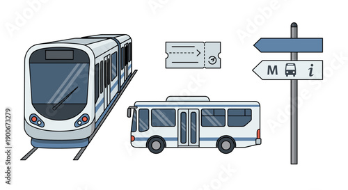 Subway, bus, ticket, and direction signpost icons set