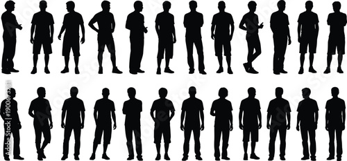 Men standing silhouette collection showing various male body poses casual clothing isolated on white background vector illustration set design series