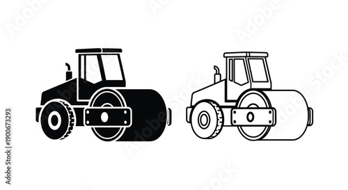Two road rollers in contrasting black and white line art