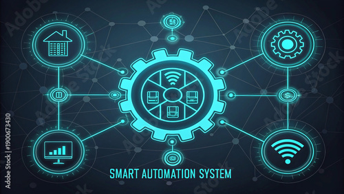 Smart automation system graphic with glowing icons and central gear on dark tech background