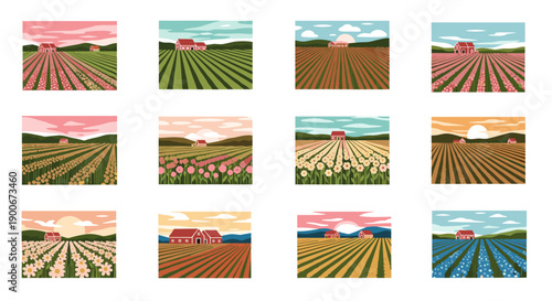 Twelve rural farm scenes with houses fields and changing skies