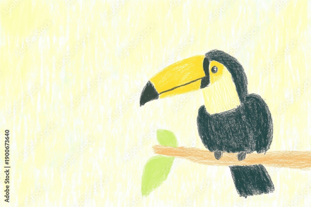 Fototapeta premium Toucan sitting on a branch hand drawn with colored crayons, cute kids illustration
