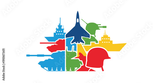 Colorful silhouette collage featuring military vehicles and landmarks