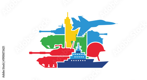 A colorful collage depicting various military vehicles and equipment