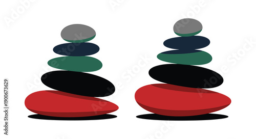 Two balanced stone towers with colorful smooth pebbles stacked vertically