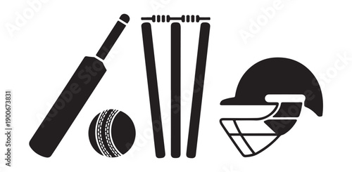Cricket equipment icons, including bat, ball, wickets, and helmet, representing game elements