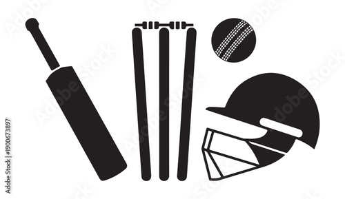 Cricket equipment icons, including bat, ball, wickets, and helmet, representing game elements
