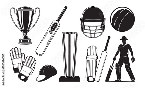 Cricket sport equipment and elements including trophy, bat, ball, pads, helmet, cap and player