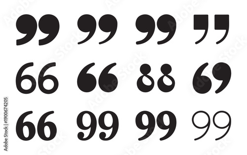 Array of various typographical quotation marks and number like symbols in black on white background