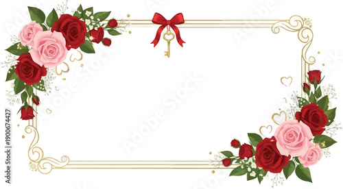 Elegant Valentine's Day Frame with Roses, Key, and Hearts