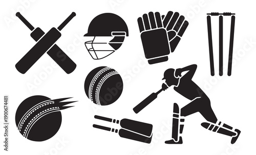 Cricket batsman playing shot with ball trail effect stumps and safety equipment vector silhouettes set