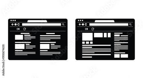 Two black browser window icons with website interface representations