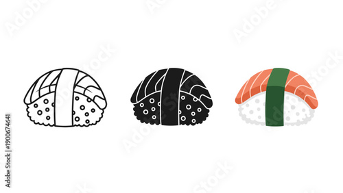 Three different types of sushi are shown in a row Vector
