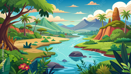 Very beautiful river landscape in South America featuring calm flowing water, lush vegetation, and natural Geophagus habitat, illustrating balance, biodiversity, and pristine freshwater ecosystems.