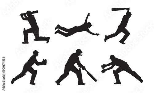 Cricket player action poses silhouette collection isolated black and white vector set