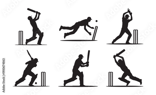 Cricket player silhouettes in action isolated black and white for sports design element
