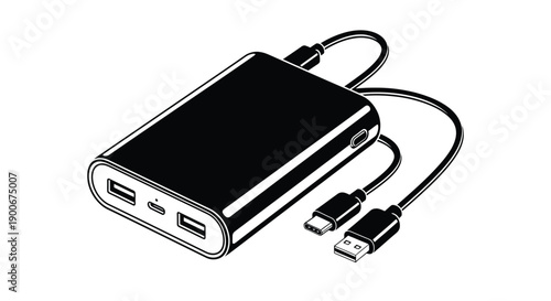 Black and white illustration of a portable power bank with connected cables
